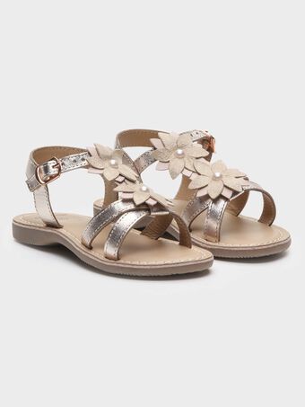 ДЕТСКИ САНДАЛИ С ПРЕЛИВАЩ БРОНЗОВ ЦВЯТ И БЕЖОВИ ЦВЕТЯ