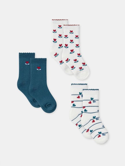 Комплект от 3 чифта чорапи с цветя и сърца за бебе момиче