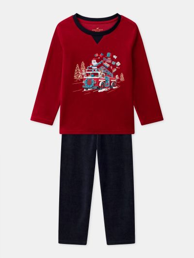 ЧЕРВЕНО-СИНЯ КАДИФЕНА ПИЖАМА ЗА МОМЧЕ