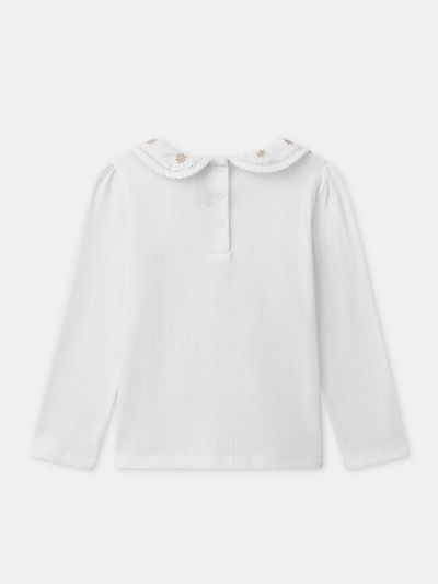 Бяла блуза с дълъг ръкав и яка за момичета