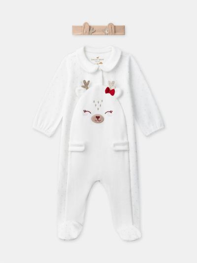 Бял ромпър + кафява лента за глава за бебе момиче