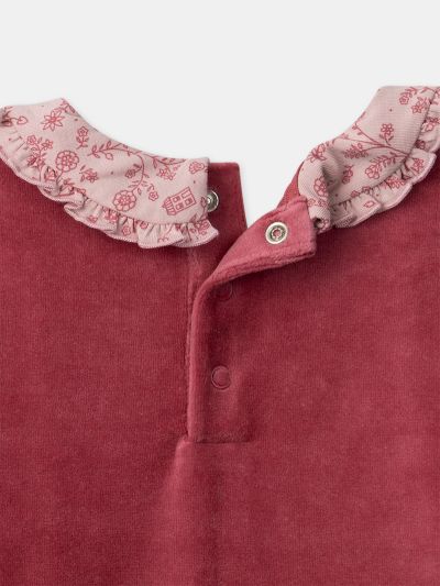 Розова кадифена пижама с флорален принт за момичета