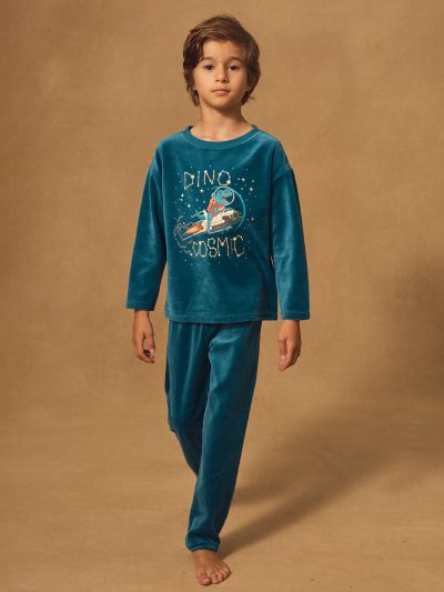 Синя кадифена пижама с динозавърски принт за момчета