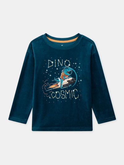 Синя кадифена пижама с динозавърски принт за момчета