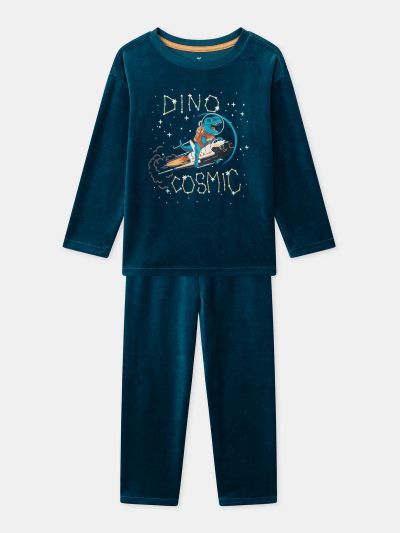 Синя кадифена пижама с динозавърски принт за момчета