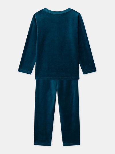 Синя кадифена пижама с динозавърски принт за момчета