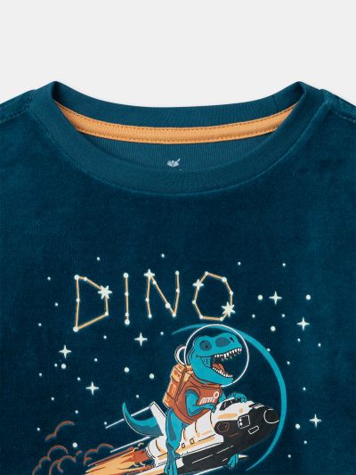 Синя кадифена пижама с динозавърски принт за момчета