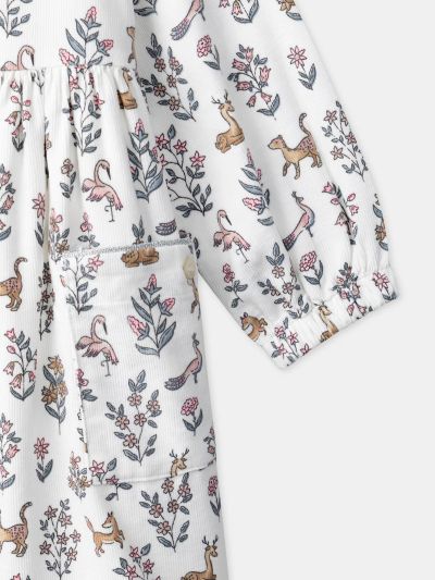 Бяла рокля с флорален и животински принт за момиче