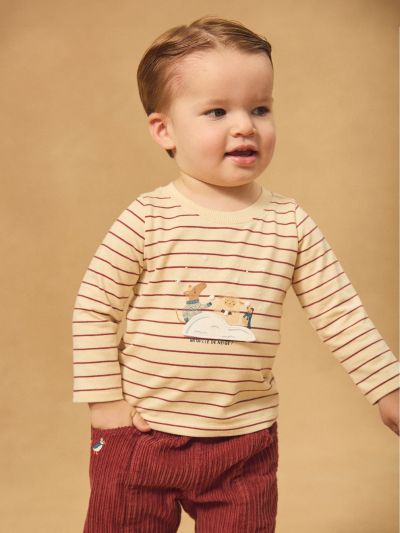 Екрю блуза с дълъг ръкав и червени райета за бебе момче