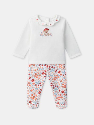 Бебешка пижама за момиче с бродерия на зайче и флорален принт