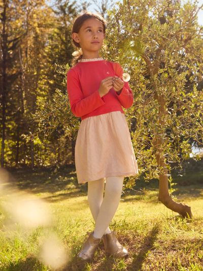 Розова рокля от два материала – едноцветна и на каре, за момиче