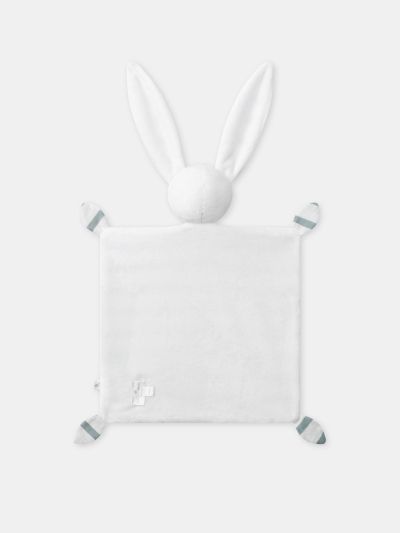 БЕБЕШКО КОМФОРТНО ОДЕЯЛЦЕ СЪС ЗАЙЧЕ В ЕКРЮ И СИВО-СИНИ РАЙЕТА