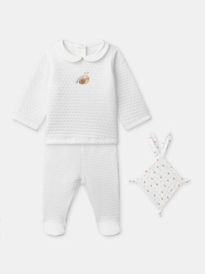 КОМПЛЕКТ БЛУЗА + ЕКРЮ ПАНТАЛОН + ОДЕЯЛЦЕ С ПРИНТ ОХЛЮВ – НОВОРОДЕНО