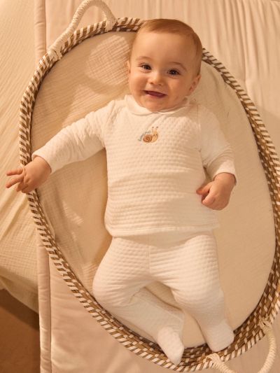 КОМПЛЕКТ БЛУЗА + ЕКРЮ ПАНТАЛОН + ОДЕЯЛЦЕ С ПРИНТ ОХЛЮВ – НОВОРОДЕНО